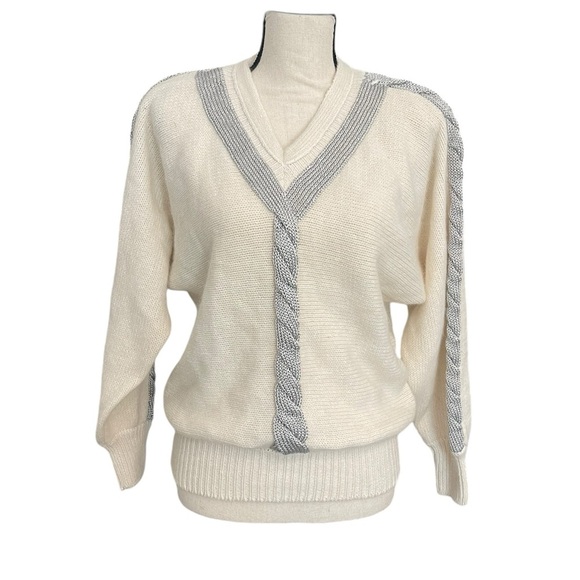 Premier Sweaters - Vintage 80’s angora wool sweater silver braided detail medium